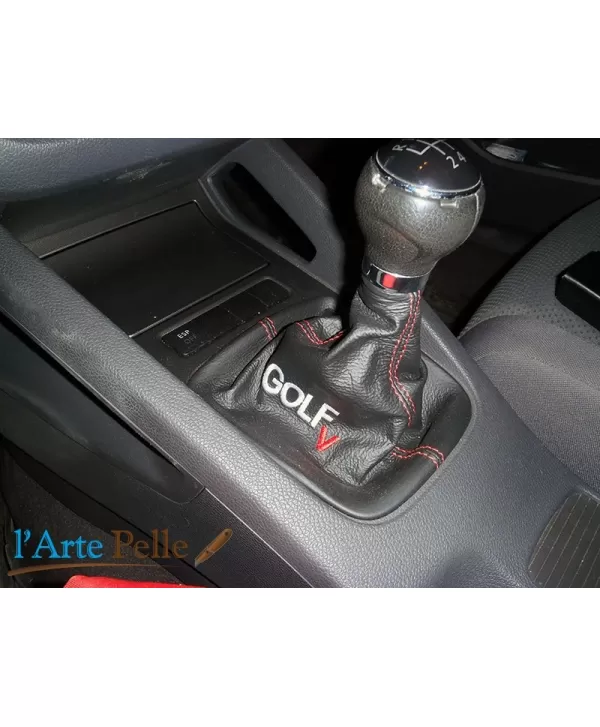 soufflet levier de vitesse en cuir noir avec broderie Golf 5 