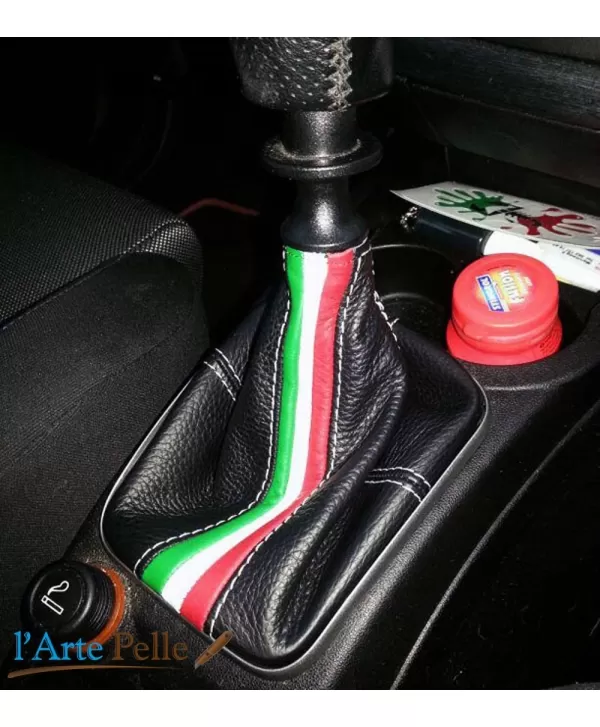 Cuffia leva cambio Fiat Punto Evo vera pelle nera + tricolore