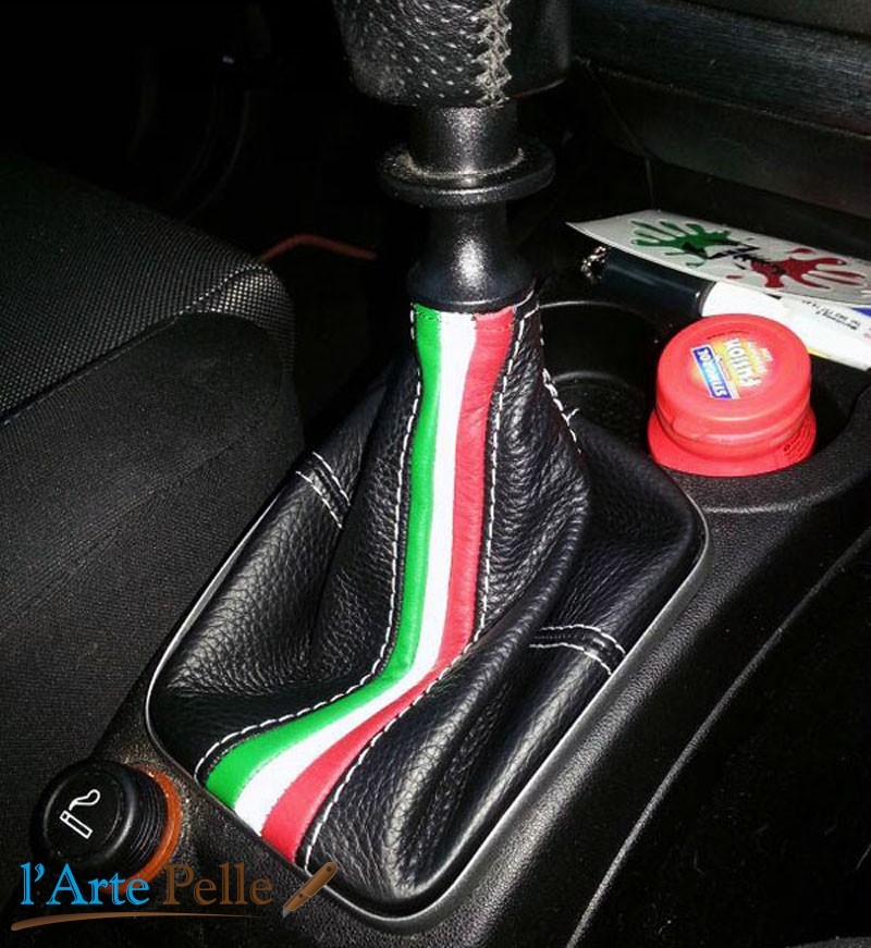 Cuffia leva cambio Fiat Punto Evo vera pelle nera + tricolore Cuciture  Personalizza Pelle Personalizza