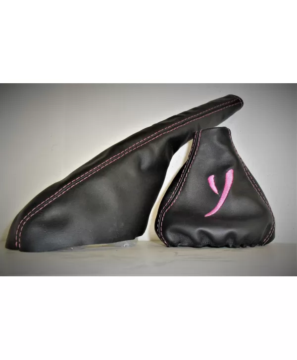 Lancia Ypsilon cap gear lever and brake black leather pink stitching + embroidery